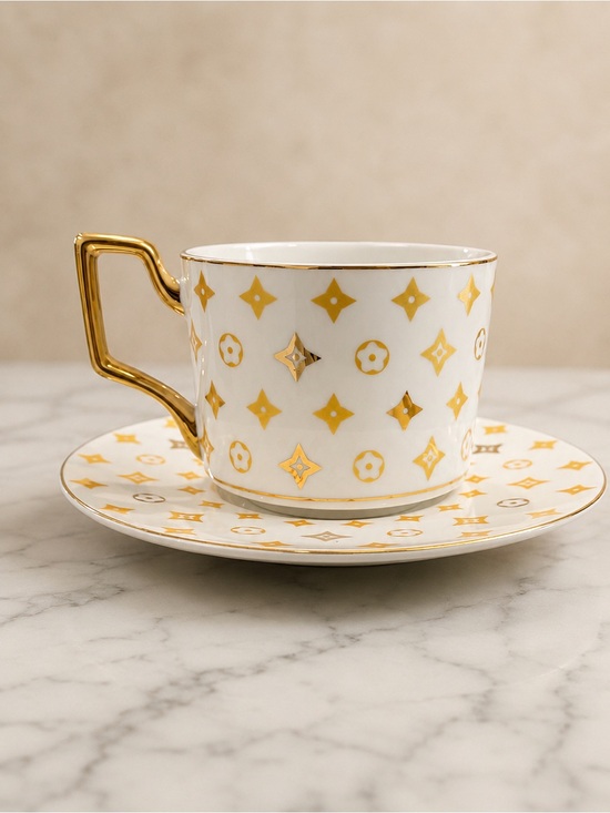 Other - White Porcelain Teacup & Saucer with Gold Star Motif